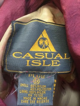 CASUAL ISLE, Black, Cranberry Red, Terracotta Brown, Slate Blue, Mauve Pink, Nylon, Polyester, Color Blocking, Floral, Windbreaker, Zip Front with Triangular Zipper Pull, Black Shoulders, Floral Panel at Center, Cranberry Quilted Shawl Collar/Panel, Blue 1" Flat Trim at Seams/Etc,