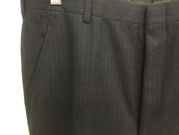 ST. GEORGE, Navy Blue, White, Wool, Stripes - Pin, Flat Front, Zip Fly, 4 Pockets, Belt Loops,