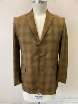 ALLEN, Caramel Brown, Charcoal Gray, Wool, Plaid-  Windowpane, Shadow Plaid, Single Breasted, Notched Lapel, 3 Buttons, 2 Hip Level Pockets, Western Style Scallopped Yoke at Back Shoulders, Maroon Lining,