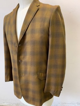 Mens, Blazer/Sport Co, ALLEN, Caramel Brown, Charcoal Gray, Wool, Plaid-  Windowpane, 42R, Shadow Plaid, Single Breasted, Notched Lapel, 3 Buttons, 2 Hip Level Pockets, Western Style Scallopped Yoke at Back Shoulders, Maroon Lining,