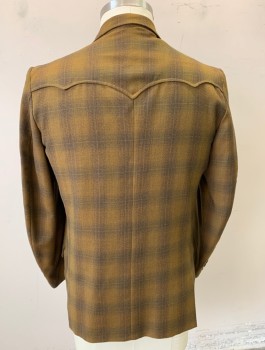 ALLEN, Caramel Brown, Charcoal Gray, Wool, Plaid-  Windowpane, Shadow Plaid, Single Breasted, Notched Lapel, 3 Buttons, 2 Hip Level Pockets, Western Style Scallopped Yoke at Back Shoulders, Maroon Lining,