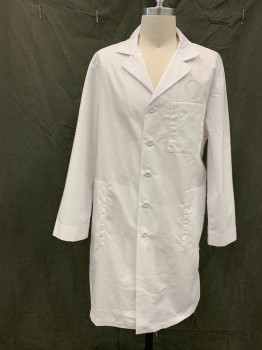 N/L, White, Poly/Cotton, Solid, Button Front, Collar Attached, Notched Lapel, 3 Pockets, Long Sleeves, Side Slit Pockets, Tab Back Button Waistband, Circular Grayish Logo Above Top Pocket