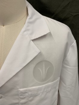N/L, White, Poly/Cotton, Solid, Button Front, Collar Attached, Notched Lapel, 3 Pockets, Long Sleeves, Side Slit Pockets, Tab Back Button Waistband, Circular Grayish Logo Above Top Pocket