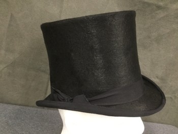 Mens, Historical Fiction Hat , KAMINSKY, Black, Fur, 7 1/2, Top Hat, 1" Wide Faille Band and Edging at Brim, 6" Tall Narrow Crown, Rolled Side Brim