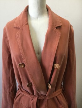 Womens, Coat, Trenchcoat, FREE PEOPLE, Rust Orange, Viscose, Solid, XS, Double Breasted, Notched Lapel, 2 Patch Pockets with Flaps at Hips, No Lining, Self Belt Attached at Center Back Waist