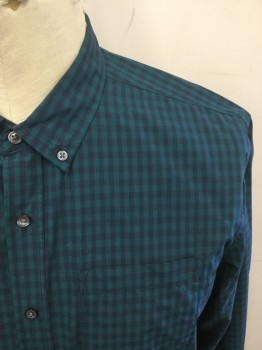 KMART, Green, Navy Blue, Cotton, Polyester, Check , Button Front, Collar Attached, Button Down Collar, Long Sleeves, 1 Pocket