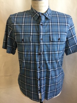 LUCKY BRAND, Slate Blue, Black, Gray, Teal Blue, White, Cotton, Elastane, Plaid, Plaid-  Windowpane, Collar Attached, Button Front, 2 Pockets with Flap, Short Sleeves,
