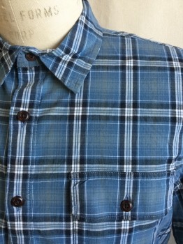 LUCKY BRAND, Slate Blue, Black, Gray, Teal Blue, White, Cotton, Elastane, Plaid, Plaid-  Windowpane, Collar Attached, Button Front, 2 Pockets with Flap, Short Sleeves,