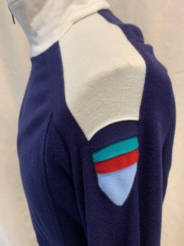 Mens, Athletic, STAG WHITE, Navy Blue, Cotton, Acrylic, CH:44, Jacket, White Collar, Shoulders,  Teal, Red, & Light Blue Trim, Mock Neck, Zip Front, Long Sleeves
*Small Stain on Left Shoulder
