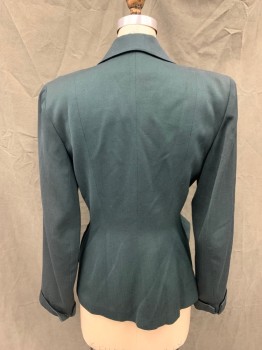 Womens, 1940s Vintage, Suit, Jacket, N/L, Forest Green, Wool, Silk, Solid, B 36, 4 Self Fabric Covered Button Front, Collar Attached, Notched Lapel, Shoulder Tab Panels with Button Tabs, 2 Pockets, Long Sleeves, Turned Back Cuff, Shoulder Pads, *Shoulder Discoloration*,