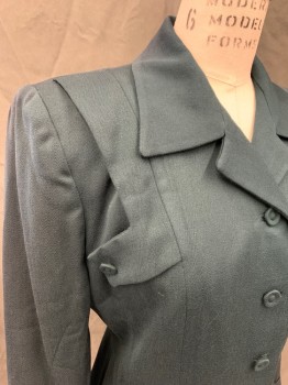 Womens, 1940s Vintage, Suit, Jacket, N/L, Forest Green, Wool, Silk, Solid, B 36, 4 Self Fabric Covered Button Front, Collar Attached, Notched Lapel, Shoulder Tab Panels with Button Tabs, 2 Pockets, Long Sleeves, Turned Back Cuff, Shoulder Pads, *Shoulder Discoloration*,