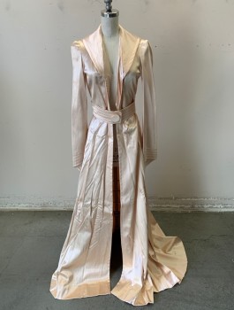 Womens, Robe, N/L, Peach Orange, Silk, Solid, B30, XS, Satin, Long Sleeves, Shawl Lapel with Sailor Style Back, Self Belt with Round Buckle Tacked at Waist with Hook & Bar Closures, Flared Sleeves, Floor Length with Train,