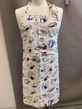 Unisex, Apron, N/L, Cream, Black, Red Burgundy, Royal Blue, Cotton, Novelty Pattern, O/S, Pots, Pans, Cookware Pattern, with Misc. Text, 2 Pockets,