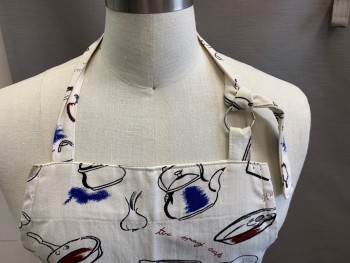 Unisex, Apron, N/L, Cream, Black, Red Burgundy, Royal Blue, Cotton, Novelty Pattern, O/S, Pots, Pans, Cookware Pattern, with Misc. Text, 2 Pockets,