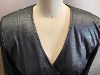 Womens, Evening Tops, SAUCI, Black, Spandex, Solid, XS, V-N, Double Breasted, L/S, Embossed Reptilian