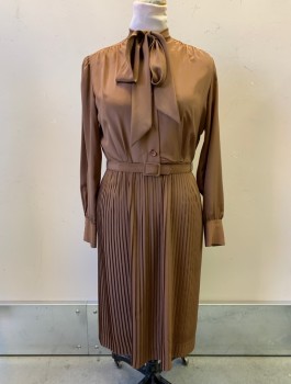 N/L, Brown, Polyester, Solid, L/S, Band Collar With Self Tie "Pussy Bow" At Neck, Button Front, Skirt Below Waist Is Pleated, Knee Length, With Matching Belt (CF016913)
