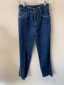 Womens, Jeans, JORDACHE, Blue, Cotton, W:24, Dark Denim, High Waist, Straight Leg, Off White Top Stitching, 2 Back Pockets with  "JORDACHE" Logo