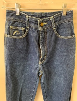 JORDACHE, Blue, Cotton, Dark Denim, High Waist, Straight Leg, Off White Top Stitching, 2 Back Pockets with  "JORDACHE" Logo