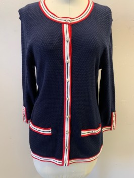 TALBOTS, Navy Blue, Red, Cream, Cotton, Rayon, Basket Weave, Textured Knit, Scoop Neck, Red and Cream Trim, Pearl Buttons, 2 Welt Pockets