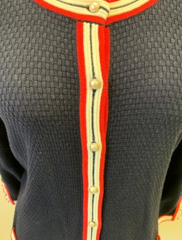 Womens, Cardigan Sweater, TALBOTS, Navy Blue, Red, Cream, Cotton, Rayon, Basket Weave, S, Textured Knit, Scoop Neck, Red and Cream Trim, Pearl Buttons, 2 Welt Pockets