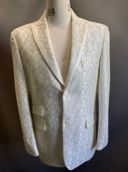 Mens, Sportcoat/Blazer, BLU MARTINI, White, Gold, Polyester, Floral, M, 2 Buttons, Single Breasted, Peaked Lapel, 3 Pockets, Gold Detail
