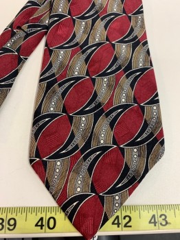 Mens, Tie, ROBERT TALBOTT, Red Burgundy, Black, Gray, White, Tan Brown, Silk, Abstract , O/S, Four in Hand