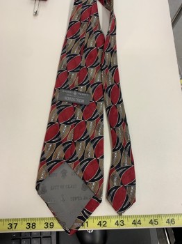 Mens, Tie, ROBERT TALBOTT, Red Burgundy, Black, Gray, White, Tan Brown, Silk, Abstract , O/S, Four in Hand