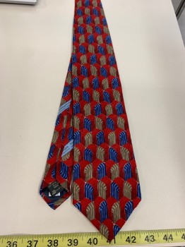 Mens, Tie, E. ZEGNA, Red, Blue, Navy Blue, Taupe, Cream, Silk, Novelty Pattern, O/S, Four in Hand