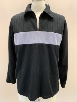 Mens, Sweater, CLAUDIO NUCCI, Black, Gray, Polyester, Color Blocking, Stripes - Shadow, C46, Pull Over, 1/4 Zip Front, C.A., L/S, Light Gray Horizontal Stripe on Chest 