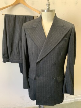 Mens, 1930s Vintage, Suit, Jacket, N/L MTO, Charcoal Gray, Lt Beige, Wool, Stripes - Pin, 42L, Made To Order, Double Breasted, Very Wide Peaked Lapel, 3 Pockets