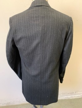 Mens, 1930s Vintage, Suit, Jacket, N/L MTO, Charcoal Gray, Lt Beige, Wool, Stripes - Pin, 42L, Made To Order, Double Breasted, Very Wide Peaked Lapel, 3 Pockets
