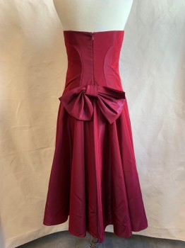 NICOLE MILLER, Iridescent Red, Acetate, Polyester, Solid, Strapless Sweetheart, Large Flare Panelled Skirt, Zip Back with Bow