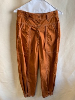 Womens, Pants, ULLA JOHNSON, Burnt Orange, White, Cotton, Solid, 0, Button Front, Cargo Style, Adjustable Gathered Hem With Button, White Top Stitch, With Belt