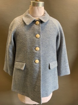 Childrens, Coat, BRITANNICAL, Blue, White, Wool, 2 Color Weave, 67, 4 Cream Plastic Buttons, 2 Pockets, Raglan Sleeves,