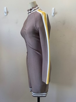 Womens, Dress, MISTRESS ROCKS, Putty/Khaki Gray, White, Yellow, Rayon, Nylon, Solid, Stripes, S, L/S, High Neck, Zip Front, Stripes On Sleeves, neck, And Bottom
