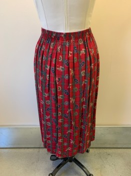 Womens, Skirt, LOMBARDI, Red, Multi-color, Rayon, Plaid, Paisley/Swirls, 12P, W30, Elastic Waistband, Pleated, Pockets, Green And Black Plaid, Blue Paisley with Beige Details,