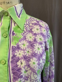 Womens, Shirt, VERA, Lime Green, Purple, White, Cotton, Floral, B34, C.A., Button Front, L/S,