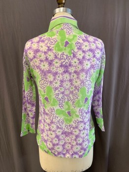 Womens, Shirt, VERA, Lime Green, Purple, White, Cotton, Floral, B34, C.A., Button Front, L/S,