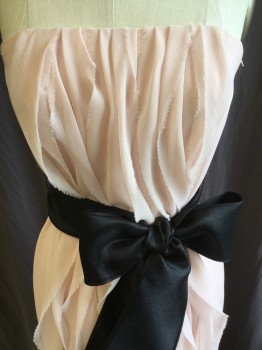 Womens, Bridal Dress, VERA WANG WHITE, Lt Pink, Black, Polyester, Solid, 2, Strapless, Solid Pink Lining, Multi- Vertical Ruffle Front & Back Center, Zip Back, Detached 3.5" Black Satin Tie with Flower Attached, Multiples Available