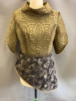 N/L, Olive Green, Lt Brown, Espresso Brown, Polyester, Textured Fabric, Wide Neck,  Abstract , 3/4  Slanted Sleeve Piping ,  Slant Gathered  Bottom CB Zip,