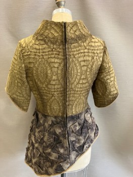 Womens, Sci-Fi/Fantasy Top, N/L, Olive Green, Lt Brown, Espresso Brown, Polyester, Textured Fabric, M, Wide Neck,  Abstract , 3/4  Slanted Sleeve Piping ,  Slant Gathered  Bottom CB Zip,