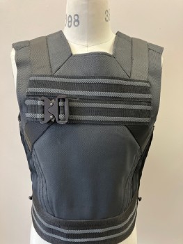 Mens, Vest, BILL HARGATE, Black, Lt Gray, Nylon, Synthetic, Textured Fabric, CH 40, Sleeveless, Square Neck Line, Rubber Stripes, Front Buckle  And  Side Zippers.