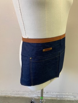 KOPADA, Denim Blue, Brown, Poly/Cotton, Solid, Deep Blue Denim, Brown Twill Side Ties and Trim at Waist, 2 Pockets/Compartments, Tan Top Stitching, Multiples
