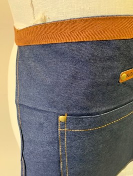 KOPADA, Denim Blue, Brown, Poly/Cotton, Solid, Deep Blue Denim, Brown Twill Side Ties and Trim at Waist, 2 Pockets/Compartments, Tan Top Stitching, Multiples