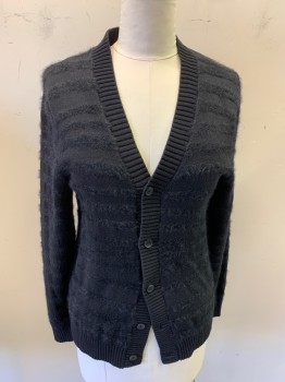 Womens, Sweater, INC, Black, Cotton, Nylon, Stripes, M, Long Sleeves, Shawl Collar, Button Front, 5 Buttons, Self Stripe with Mohair, Ribbed Waistband and Collar/center Front