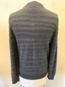 Womens, Sweater, INC, Black, Cotton, Nylon, Stripes, M, Long Sleeves, Shawl Collar, Button Front, 5 Buttons, Self Stripe with Mohair, Ribbed Waistband and Collar/center Front