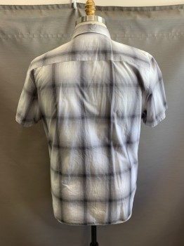 CALVIN KLEIN, White, Gray, Lt Gray, Poly/Cotton, Plaid, Short Sleeves, Button Front, 7 Buttons, Button Down Collar **Small Stain on Back