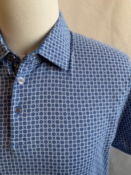 TED BAKER, Steel Blue, White, Cotton, Circles, 3 Button Placket, Collar Attached, Short Sleeves, Stripe Ribbed Knit Cuff