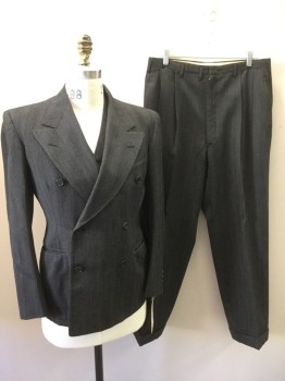 Mens, 1930s Vintage, Suit, Jacket, PEMBROOKE, Black, Gray, Green, Wool, Heathered, Stripes - Vertical , 38S, Double Breasted, Exaggerated Notched Lapel, 3 Pockets,