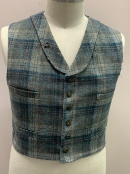 NL, Teal Blue, Gray, Tobacco Brown, Navy Blue, Wool, Cotton, Plaid, Shawl Lapel, Button Front, 4 Pockets, Distressed with Holes, Solid Back with Self Belt